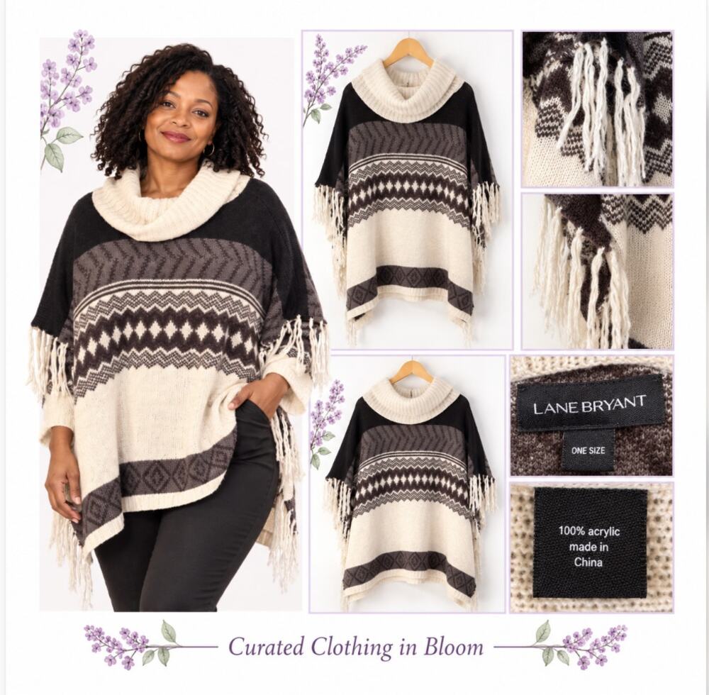 Lane Bryant Fair Isle Cowl Neck Fringe Poncho Sweater OS